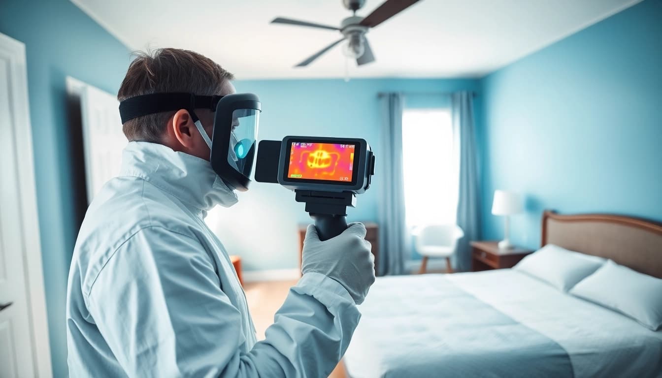 Bed bug exterminators inspecting a bedroom for infestation with thermal technology.