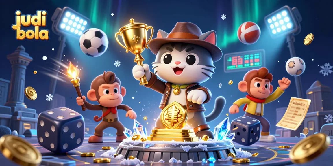 Menggali judi bola di kuil dengan kucing arkeolog dan monyet, dikelilingi permainan dan trofi.