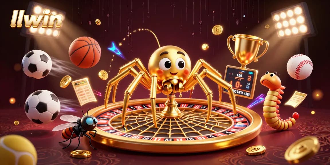 Engage with llwin by placing bets in a dynamic casino scene featuring a golden spider and a centipede croupier.