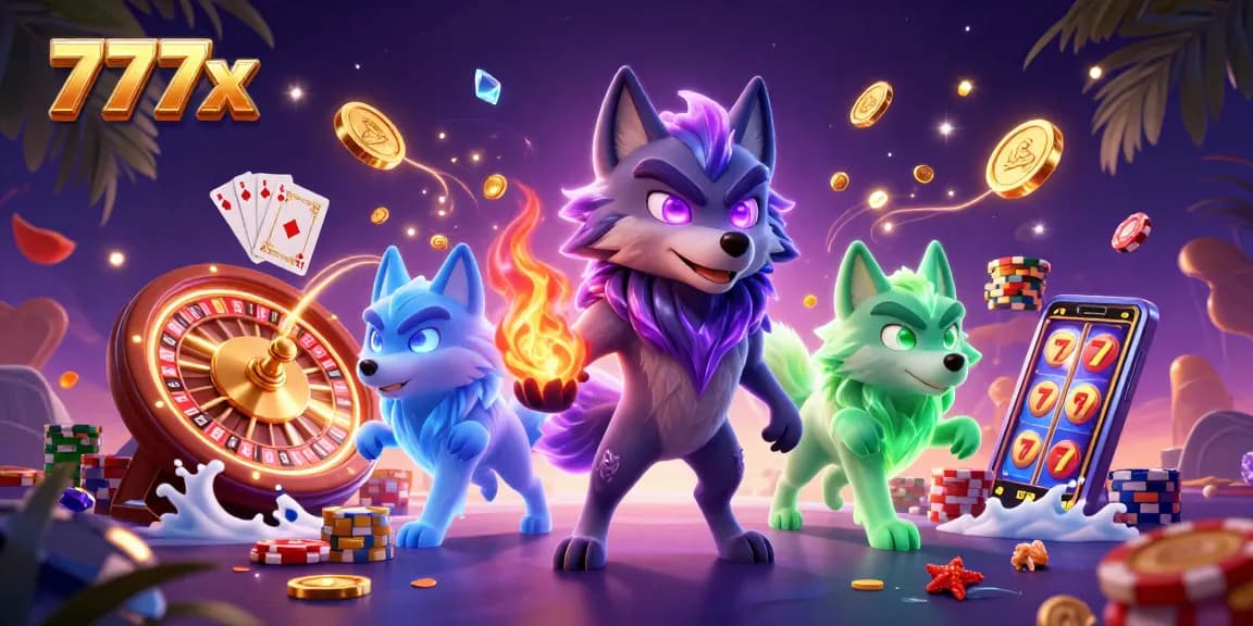 Experience the thrill of 777x casino with dynamic characters, spinning roulette wheels, and vibrant gaming elements.