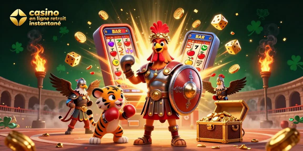 Découvrez le casino en ligne retrait instantané avec une illustration animée de poulet gladiateur dans une arène dynamique.