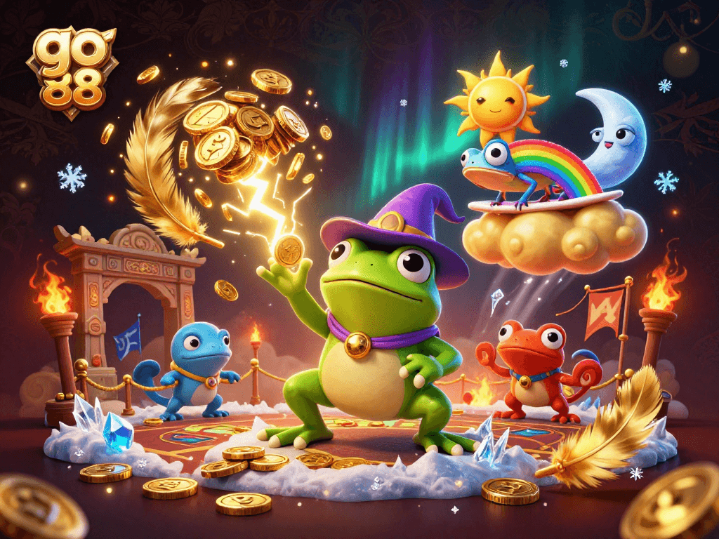 Experience the magical go 88 casino atmosphere with vibrant characters and flying coins.