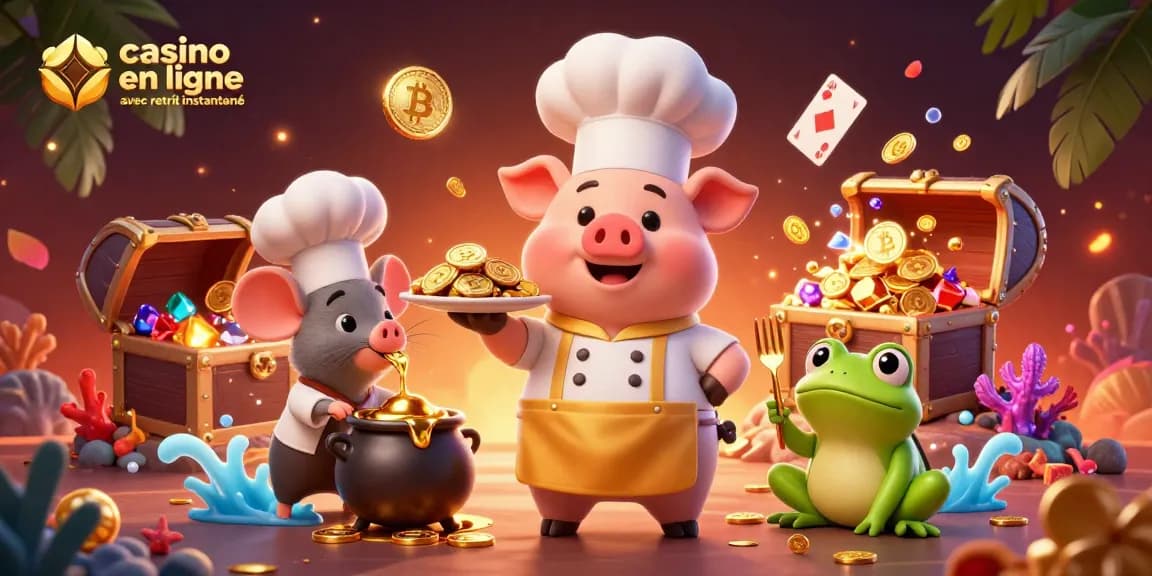 Casino en ligne avec retrait instantané: Illustration dynamique mettant en scène des personnages de casino autour de pièces d'or.