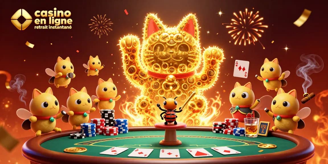 Jouer dans un casino en ligne retrait instantané avec un chat porte-bonheur en feuillage d'or.