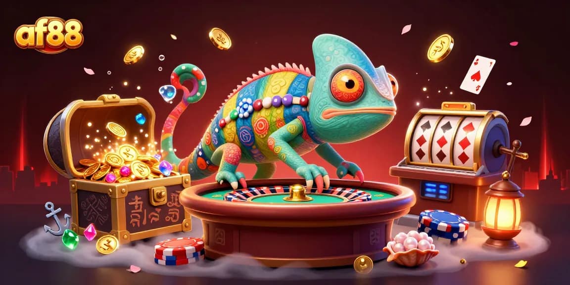 Experience af88's thrilling casino world with a vibrant chameleon owner and golden treasure.