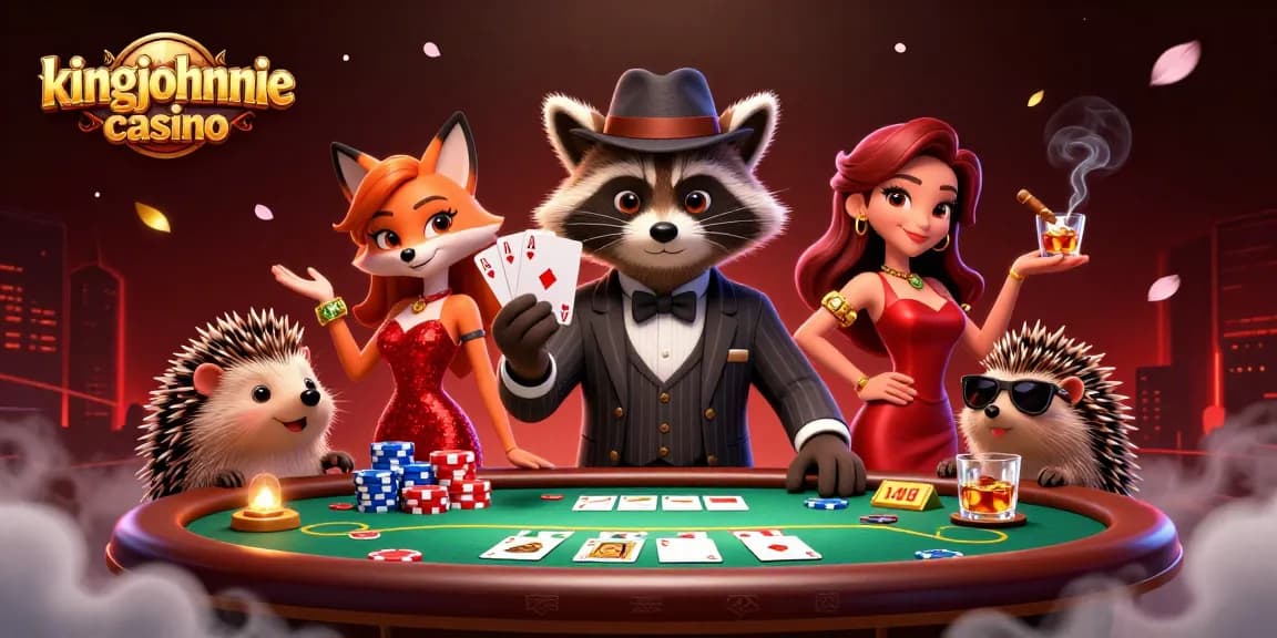 Experience exhilarating gameplay at kingjohnnie casino with cartoon characters enjoying poker under dramatic lighting.