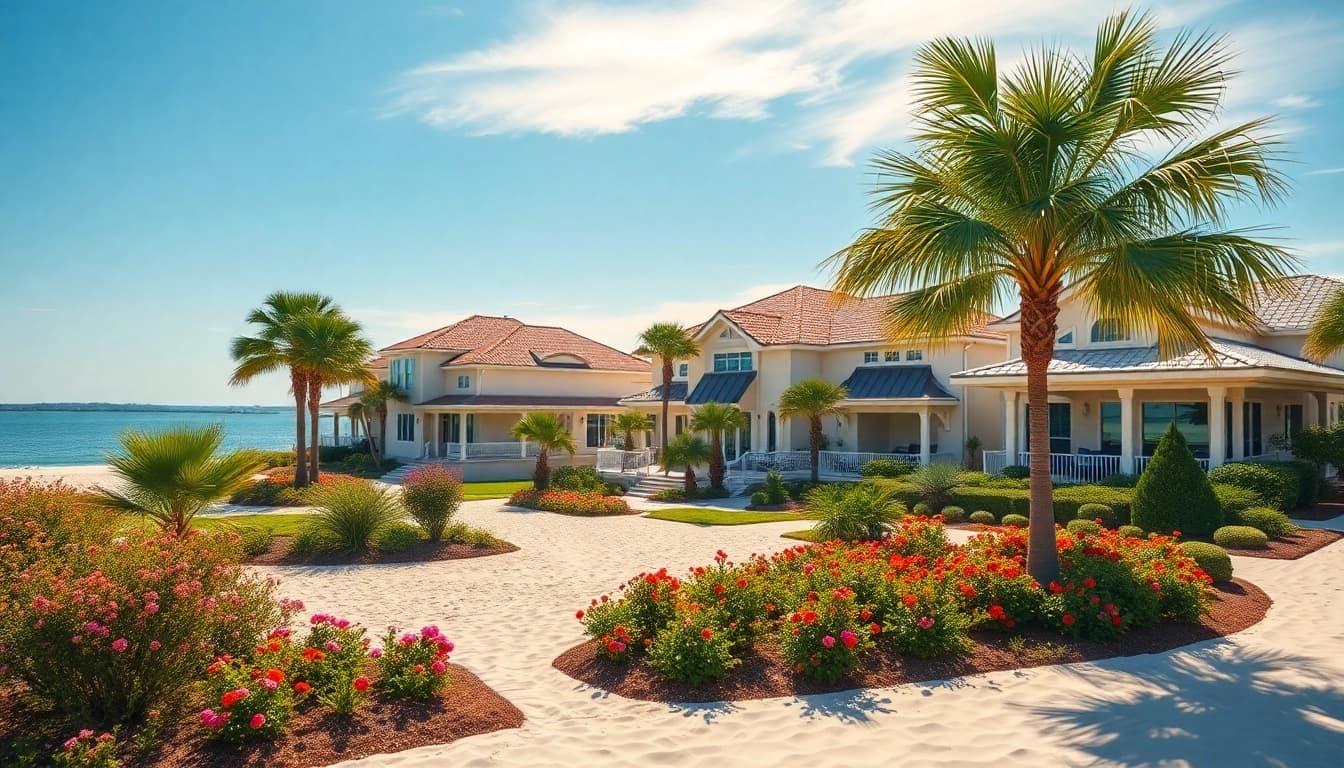 Showcasing waterfront homes for sale Pensacola FL, beautifully landscaped near the shore.
