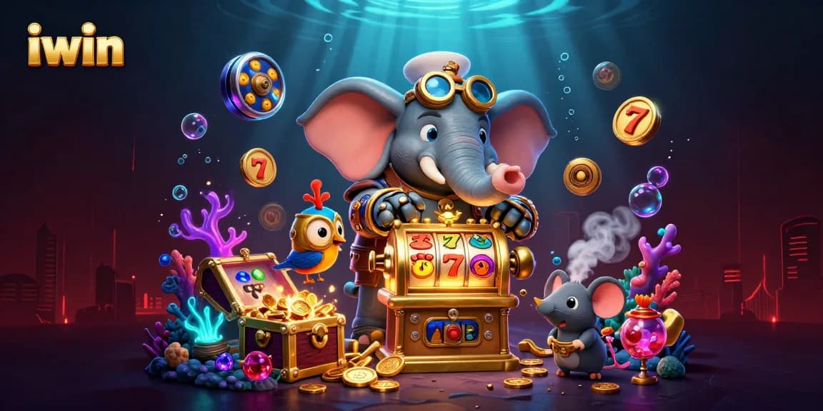 Spin the iwin slot machine with a steampunk elephant engineer amid gold and gems!