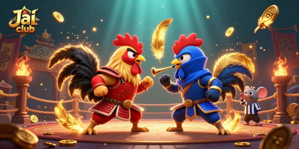 Experience thrilling gameplay with Jai club in a lively combat scene featuring cartoon roosters.