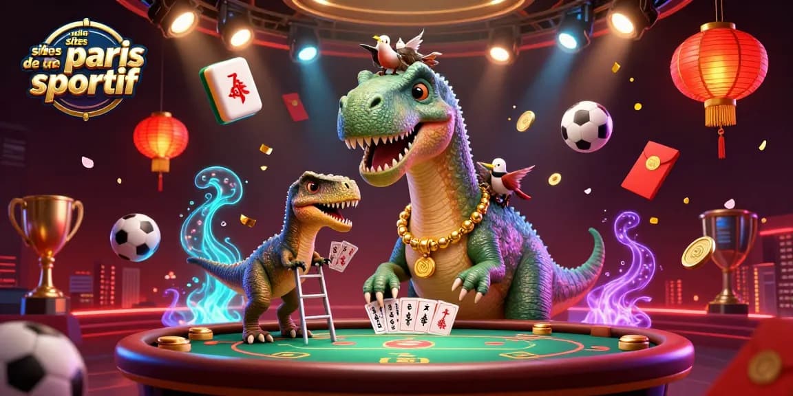 Image représentant les meilleurs sites de paris sportifs avec un dinosaure et un raptor dans un casino animé.