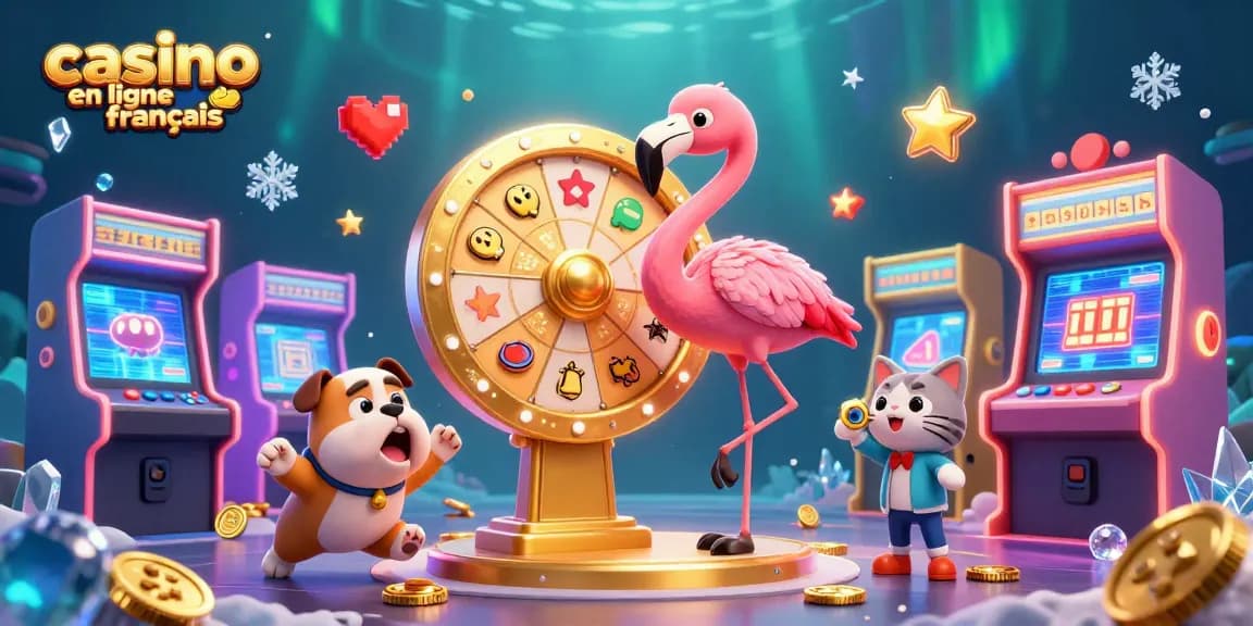 Visualisez le divertissement des casinos en ligne français avec un hôte masqué et des machines à sous colorées en action.