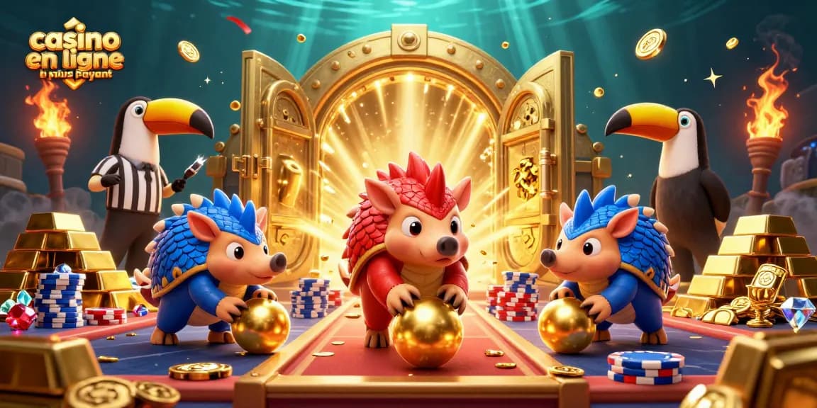 Jouer au casino en ligne le plus rentable avec des pangolins rivaux et un juge toucan, entourés de trésors scintillants.