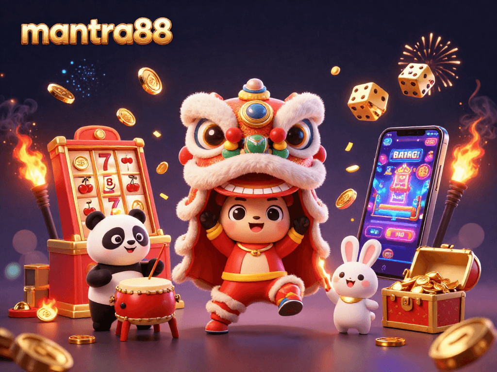Experience excitement with mantra88 in this colorful casino-themed illustration featuring dynamic characters.
