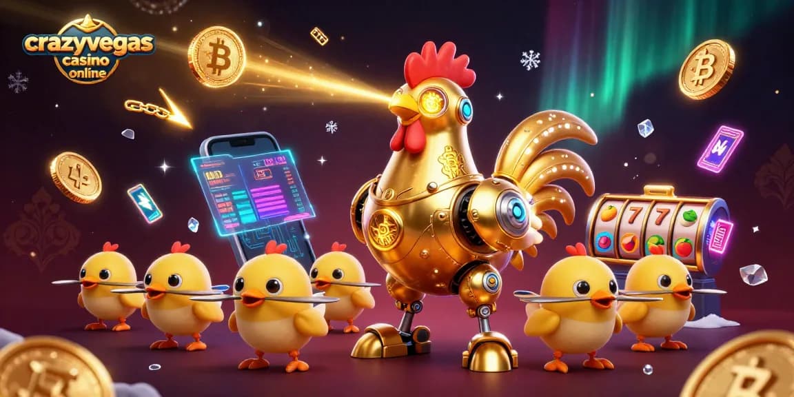 Engage with crazyvegas casino online's vibrant scene featuring a futuristic rooster robot and crypto elements.