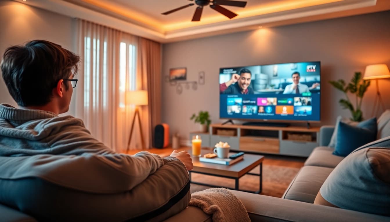 Experience IPTV Free Trial No card in a cozy living room with a modern setup.