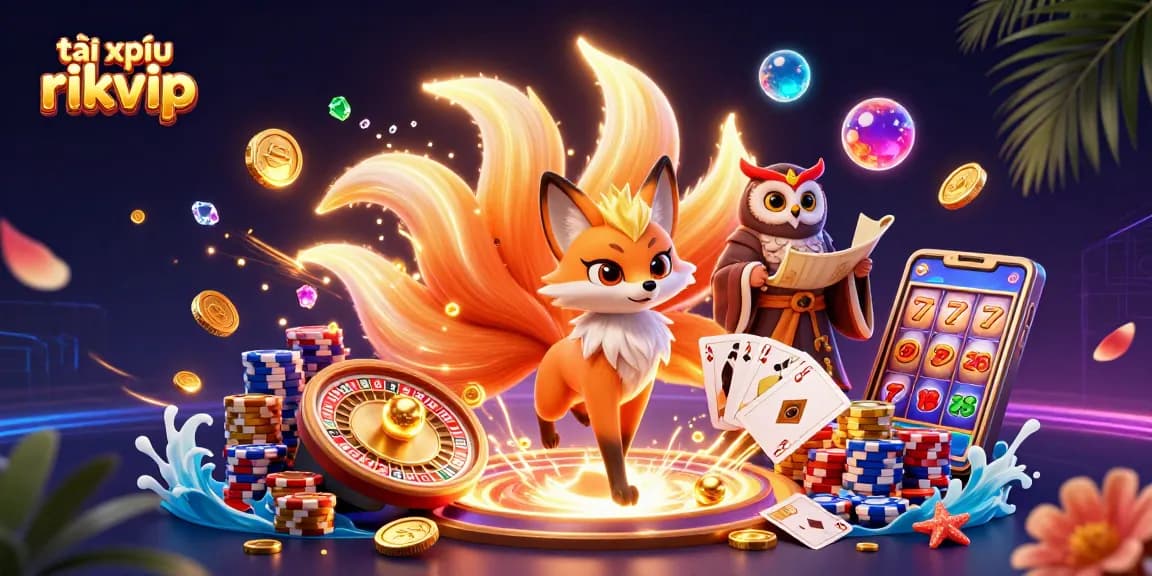 Play tài xỉu rikvip with an enchanting nine-tailed fox spirit and owl sage amidst a rich casino backdrop.