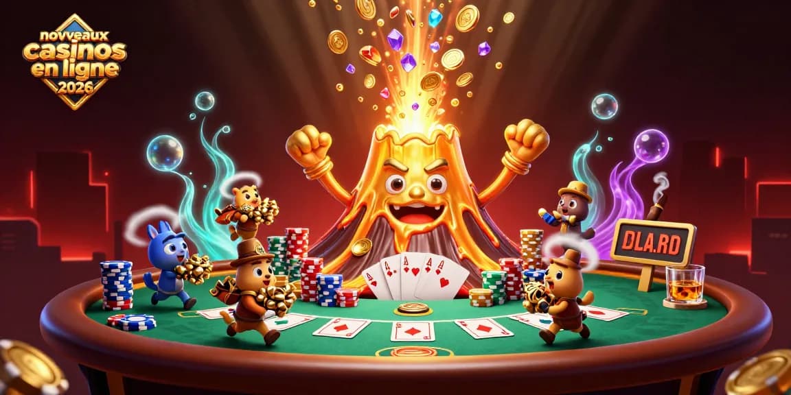 Scène captivante de nouveaux casinos en ligne 2026 avec un volcan doré éruptant et des trésors.