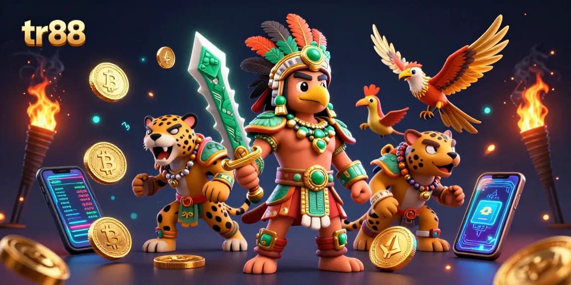 Experience the thrill of tr88 casino gaming with a vibrant scene of Aztec warriors and crypto coins.