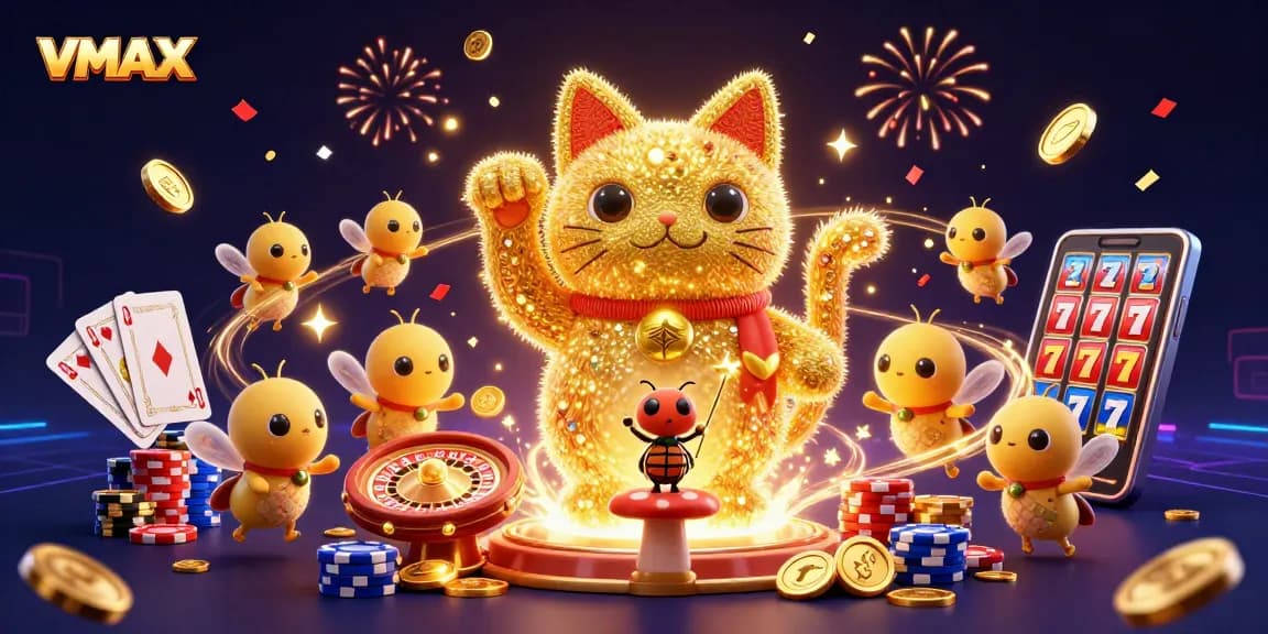 Experience VMAX's captivating lucky cat formation amidst dazzling casino elements and vibrant symbols.
