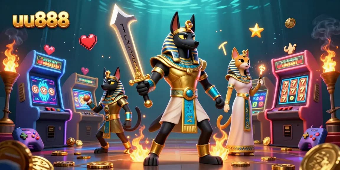 Explore thrilling slots at uu888 with ancient Egyptian warrior Anubis amidst dynamic game elements.