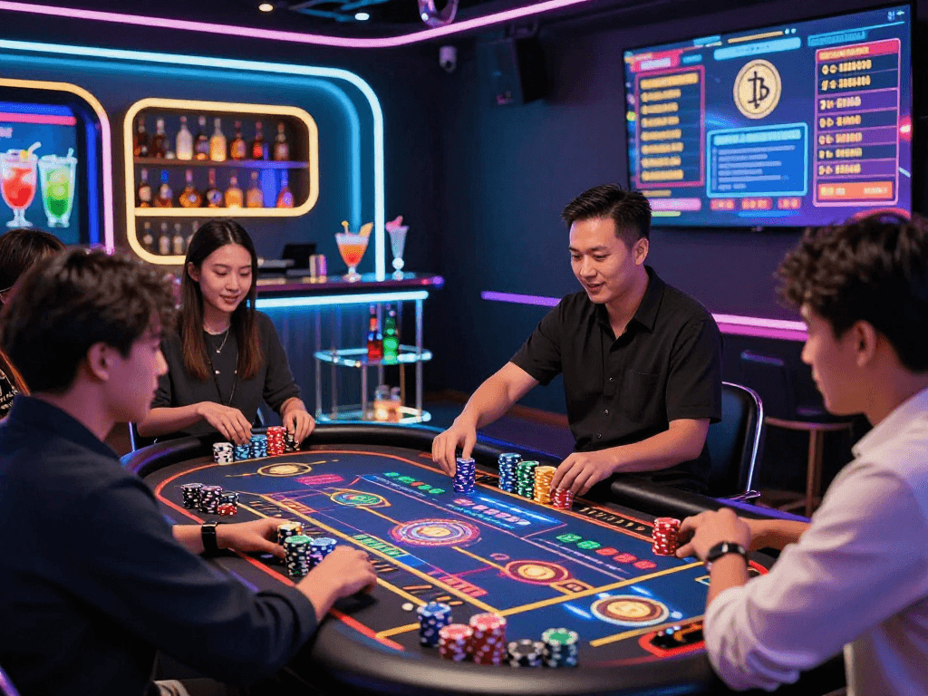 Vibrant crypto casino scene with enthusiastic players at a digital roulette table, showcasing the future of gaming.