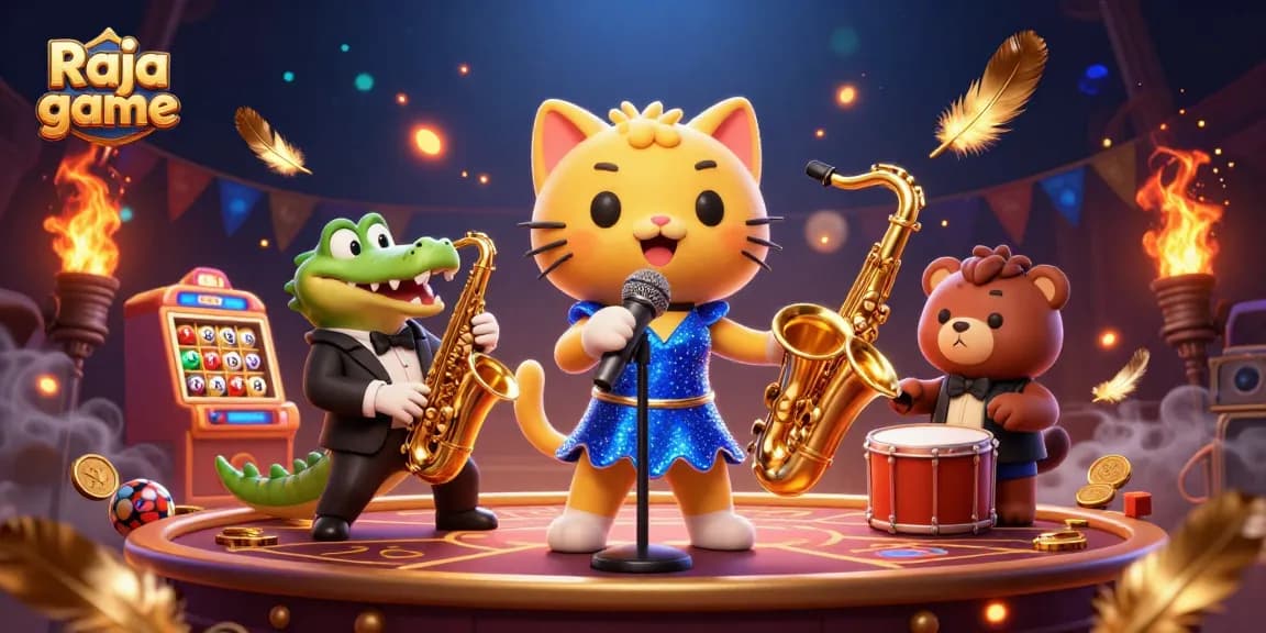 Engage with the dynamic Raja game featuring a cat, crocodile, and bear in a casino scene.