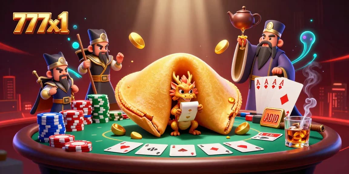 Engage with 777x1's casino world featuring a wise dragon and golden fortune cookie amid vibrant gambling elements.