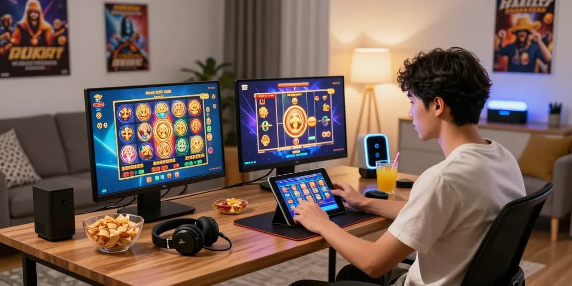 Engaging user experiencing situs slot games on a tablet in a lively home gaming environment.