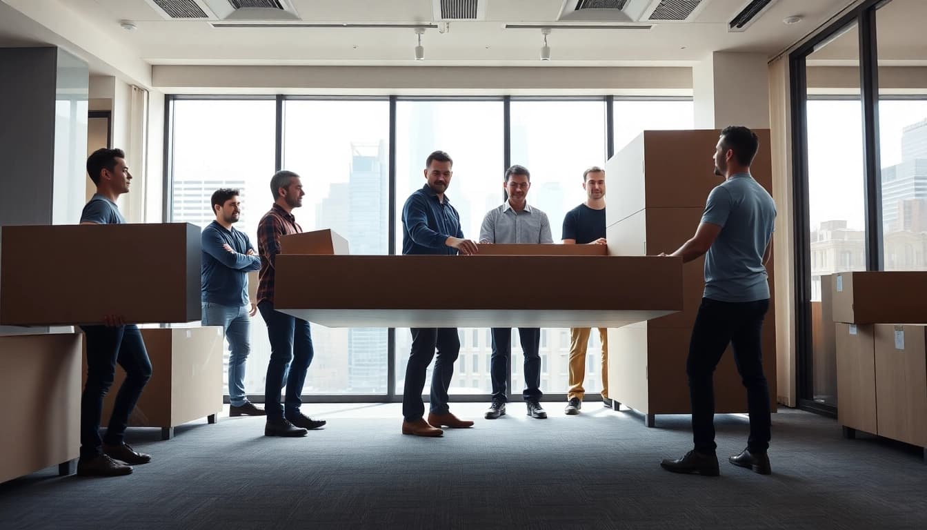 Professional movers facilitating Office Moving Services NYC in a bustling New York office environment.