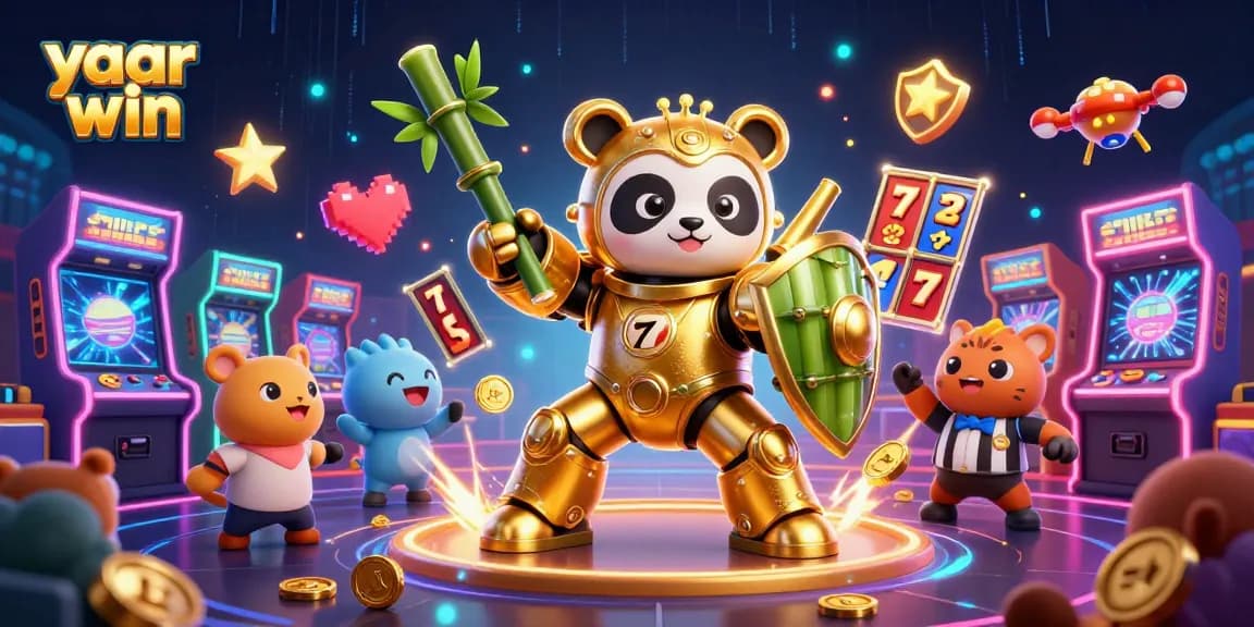 Experience the excitement of yaar win with a vibrant 3D casino scene featuring slot reels and cheering spectators.