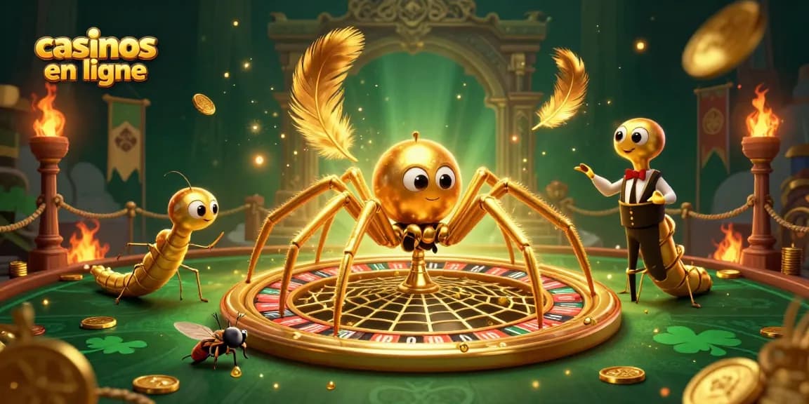 Pariez dans les meilleurs casinos en ligne avec une araignée dorée et un croupier centipède tournant une roulette en or.