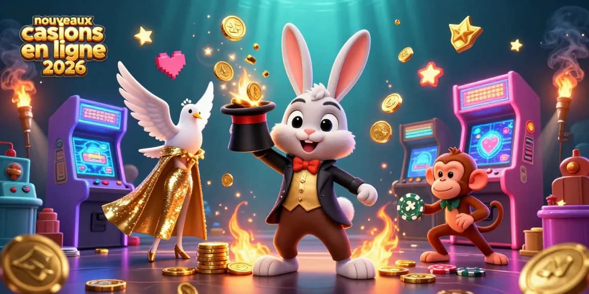 Illustration 3D représentant les nouveaux casinos en ligne 2026, mettant en avant un magicien et des symboles de jeu colorés.