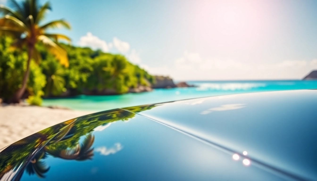 Enjoy the scenic views while you rent a car st barth, with a beach and lush background.