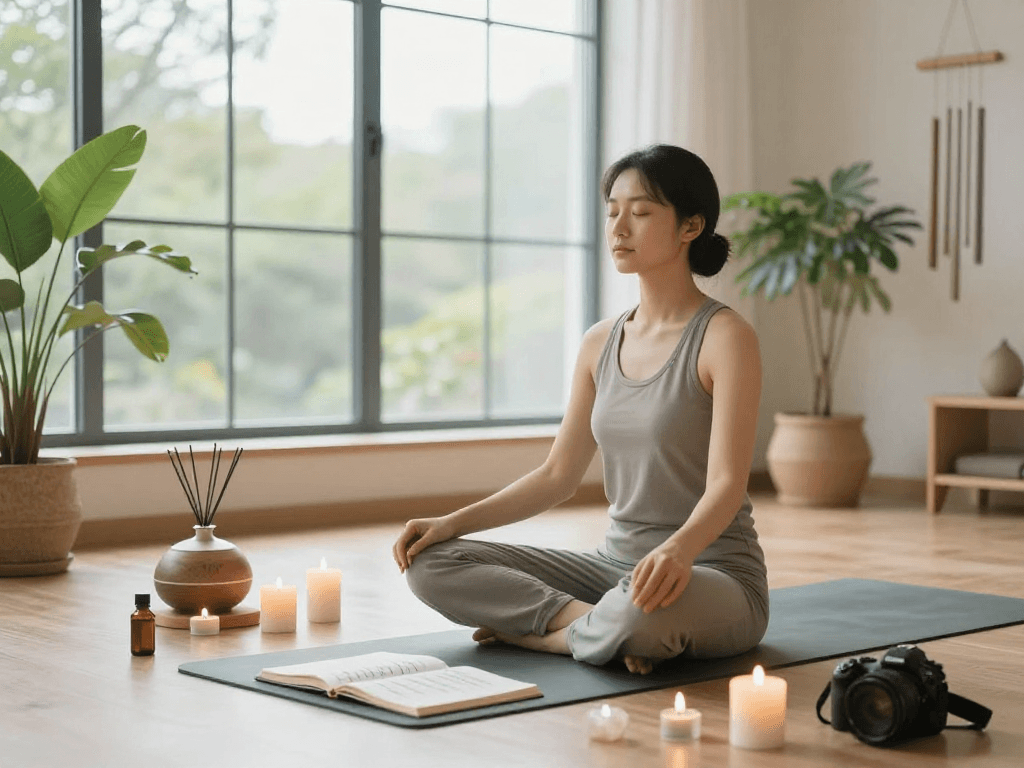 Individual practicing mantra 88 in serene meditation space with crystals and candles.