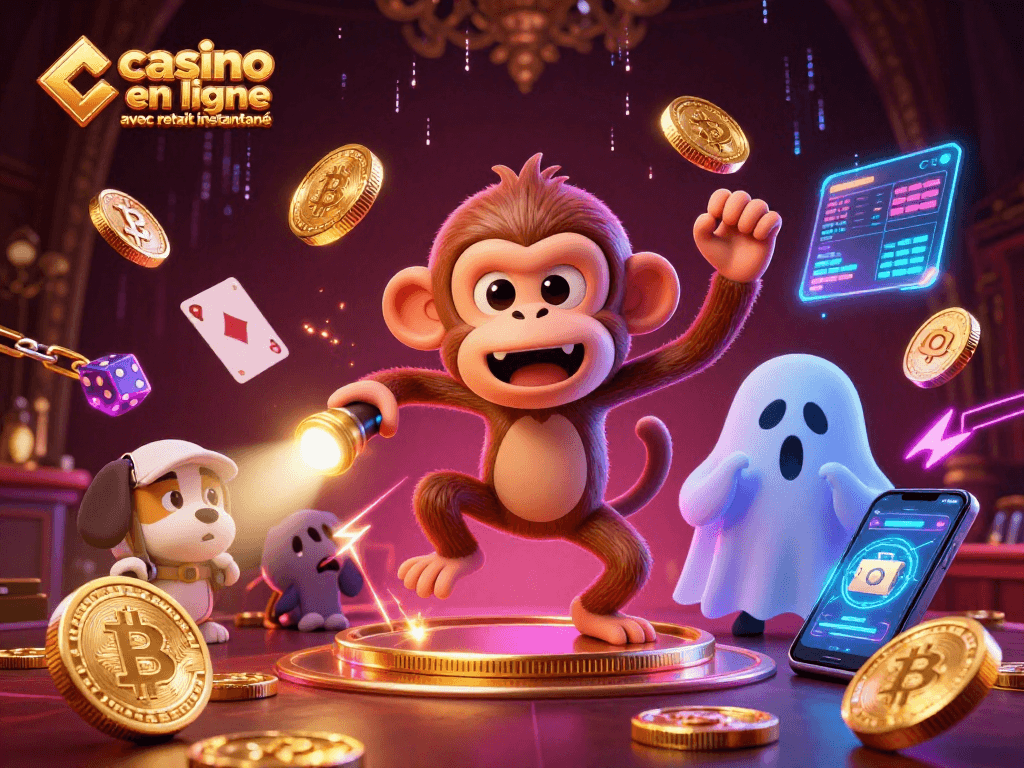 Retrouvez l'expérience de jeu dans un casino en ligne avec retrait instantané, entouré de pièces Bitcoin et Ethereum.