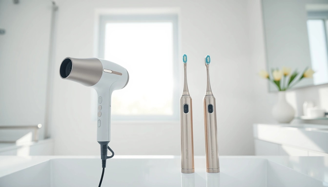 Capture Laifentech products showcasing a hair dryer and toothbrush in a stylish bathroom.