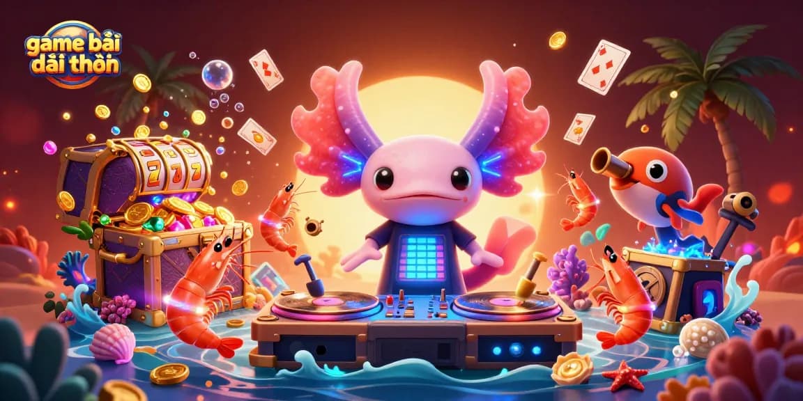 Spin big with game bài đổi thưởng in this vibrant underwater casino celebration featuring 3D axolotl DJ.