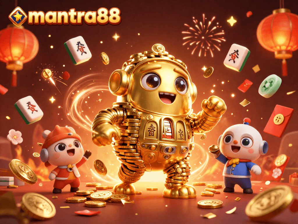 Engage with mantra88's thrilling gameplay featuring vibrant casino elements and a golden golem.