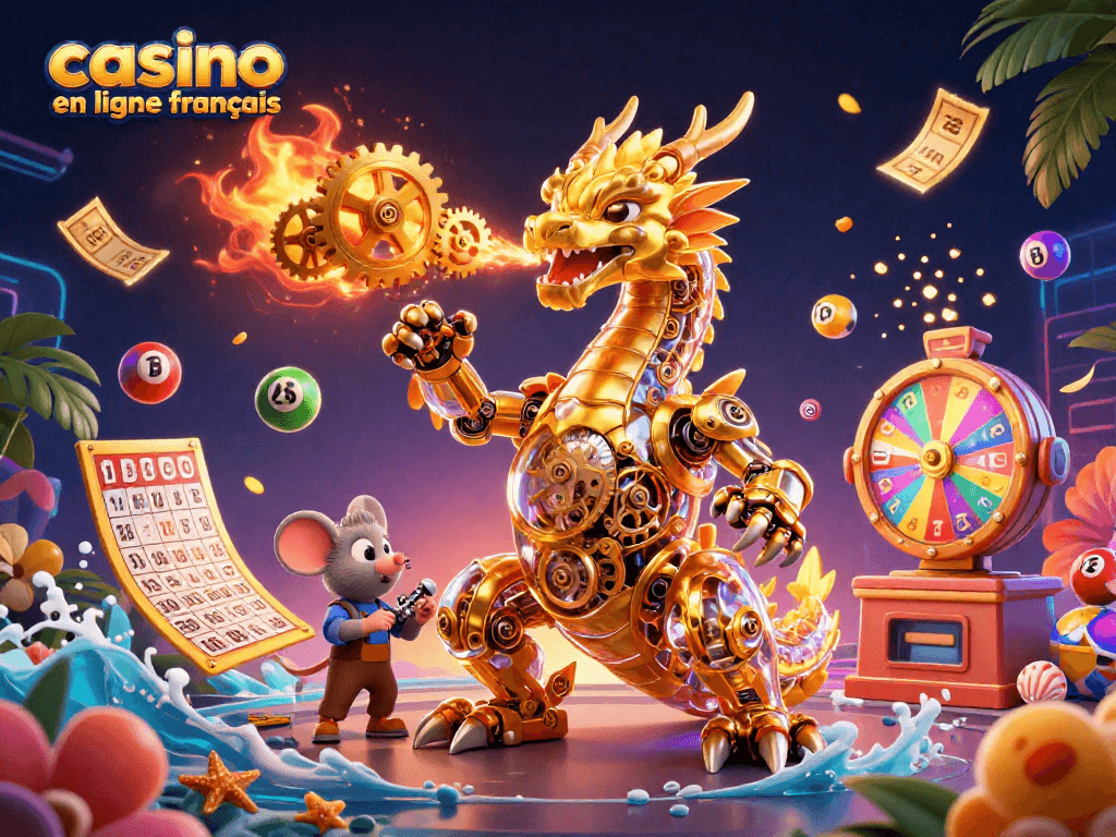 Jouez à casino en ligne francais avec un dragon mécanique doré dans une scène dynamique.