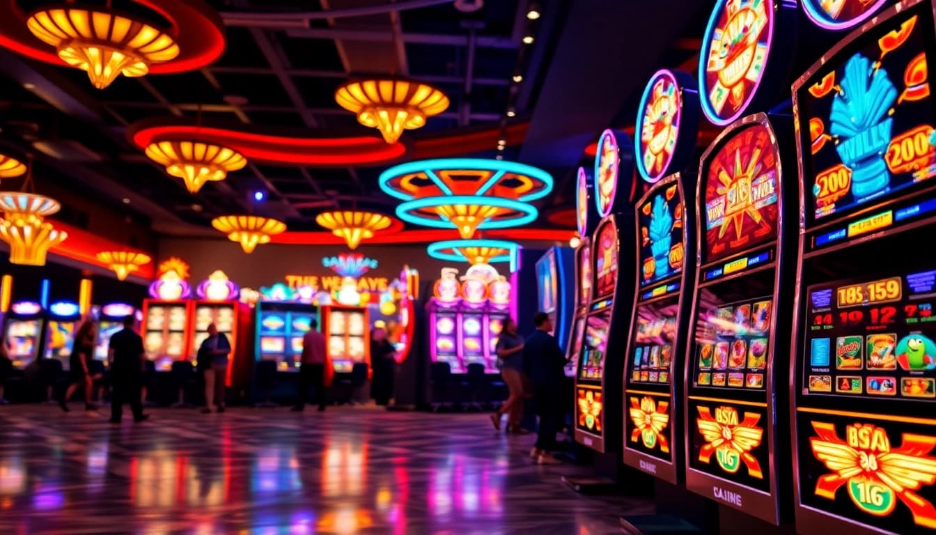 Slot gambling excitement with vibrant machines and engaged players in a lively casino.