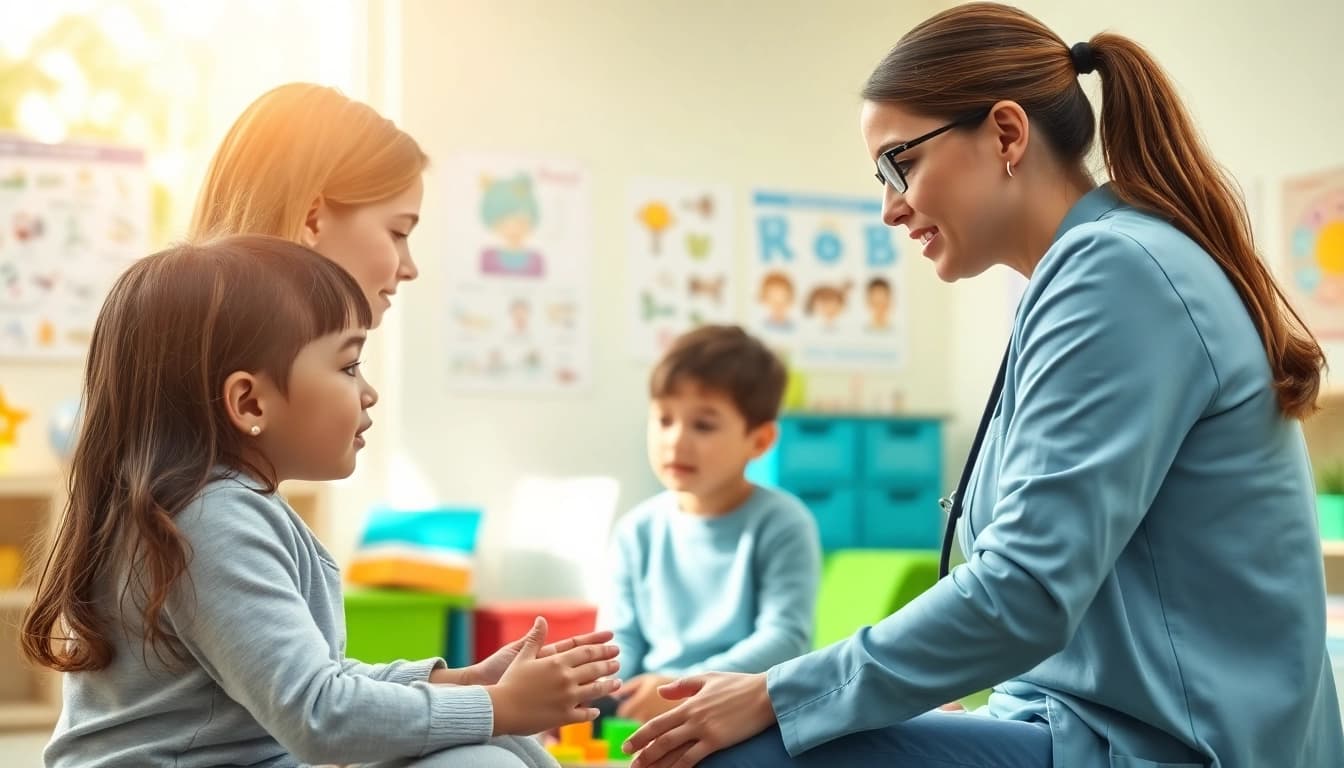 What is ABA therapy illustrated through a therapist engaging with a child in a bright therapy room.