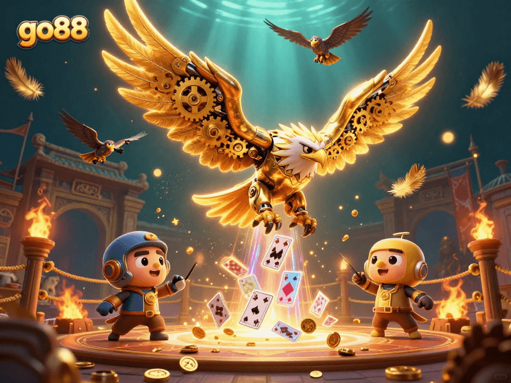 Experience the thrill of go88 with a dynamic scene of a golden eagle amidst gambling elements and holographic cards.