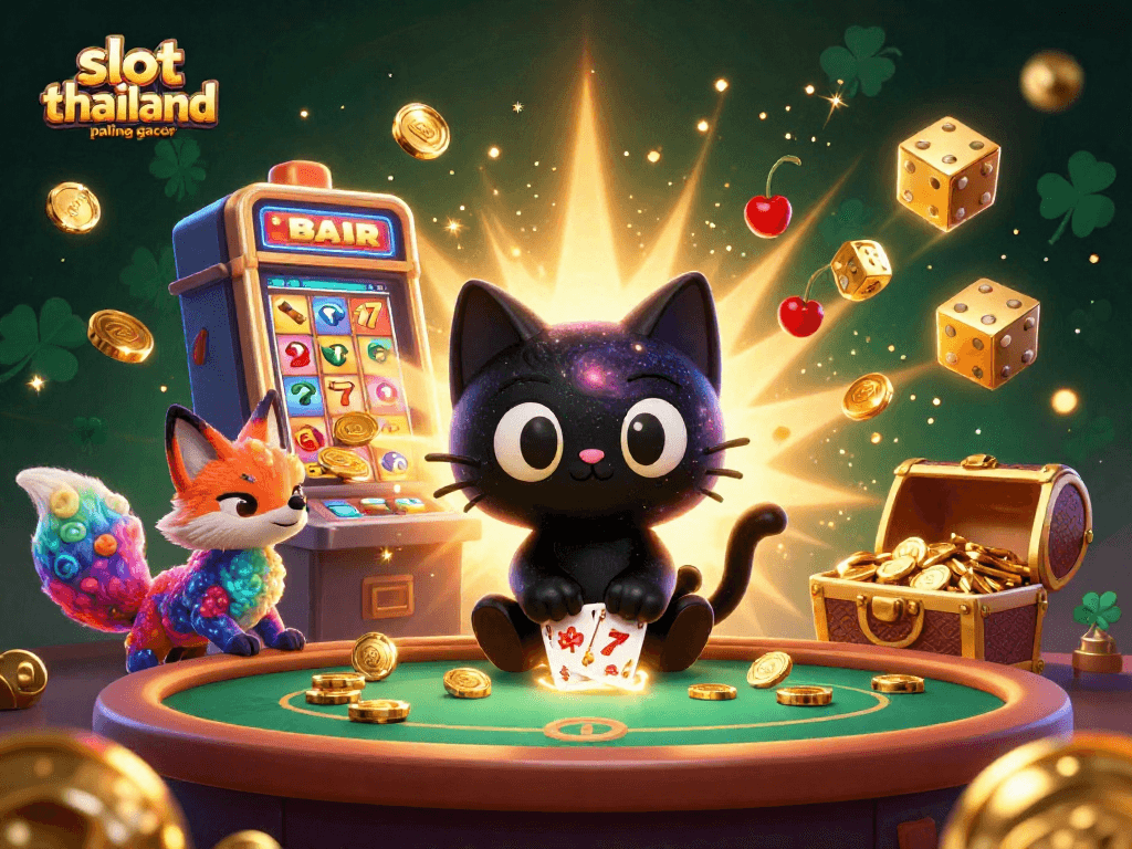 Engage with slot thailand paling gacor in this vibrant cosmic casino scene featuring a black hole cat and a nebula fox.