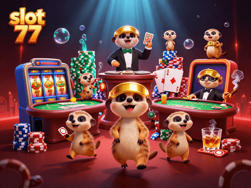 Engage with slot 77 in a vibrant 3D casino scene featuring meerkats and dynamic gaming elements.