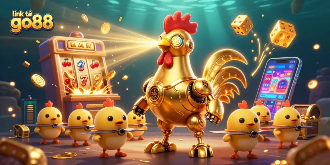 Experience winning thrills with link tải go88 featuring a dynamic 3D illustration of a golden rooster robot and casino elements.