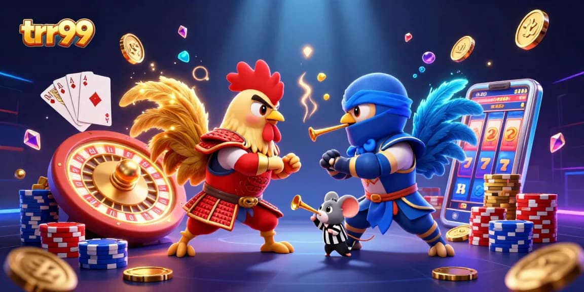 Experience trr99 excitement as cartoon roosters battle amidst cascading casino elements.