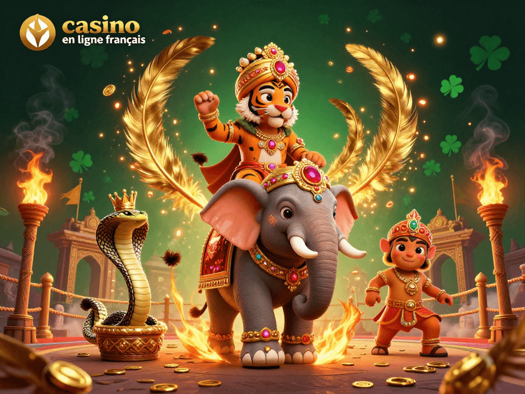 Éprouvez le frisson du casino en ligne français avec les personnages animés, des pièces d'or s'éparpillant autour.