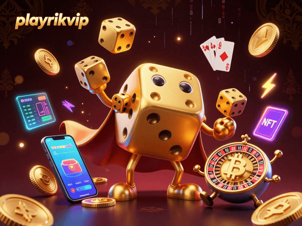 Playrikvip showcases a vibrant 3D casino scene featuring golden dice and popular crypto symbols.