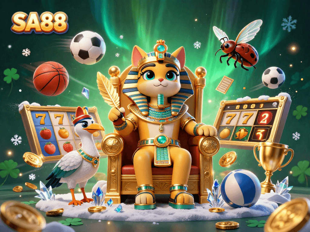 Engage with SA88 to win big in a dynamic casino scene with an Egyptian pharaoh cat and slot reels.