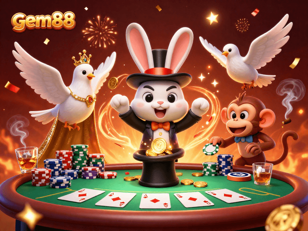 Experience excitement with gem88 as a magician rabbit conjures golden coins and poker chips.